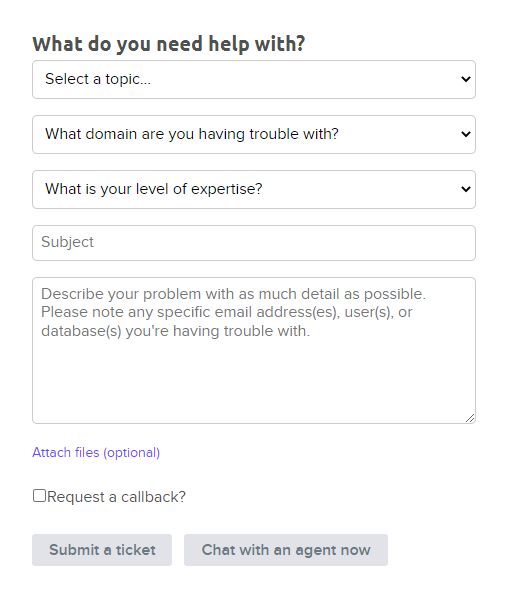 The Contact Support page's form